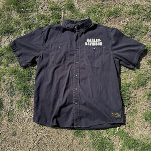 Y2k Harley Davidson Men's Black Large Shirt Short‎ Sleeve Button-Up